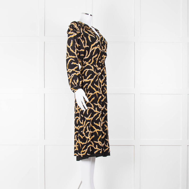 Ba&sh Black Gold Cream Branch Print Sleeved Midi Dress