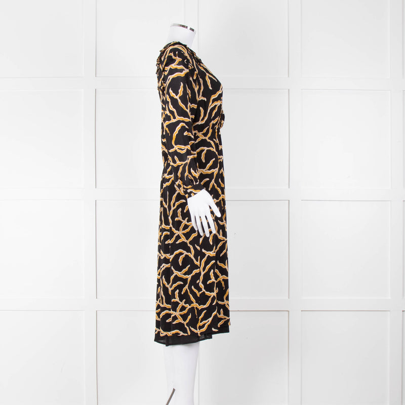 Ba&sh Black Gold Cream Branch Print Sleeved Midi Dress