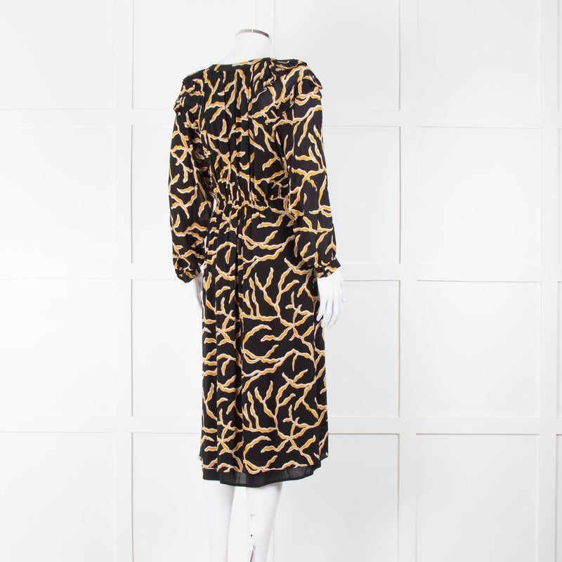 Ba&sh Black Gold Cream Branch Print Sleeved Midi Dress