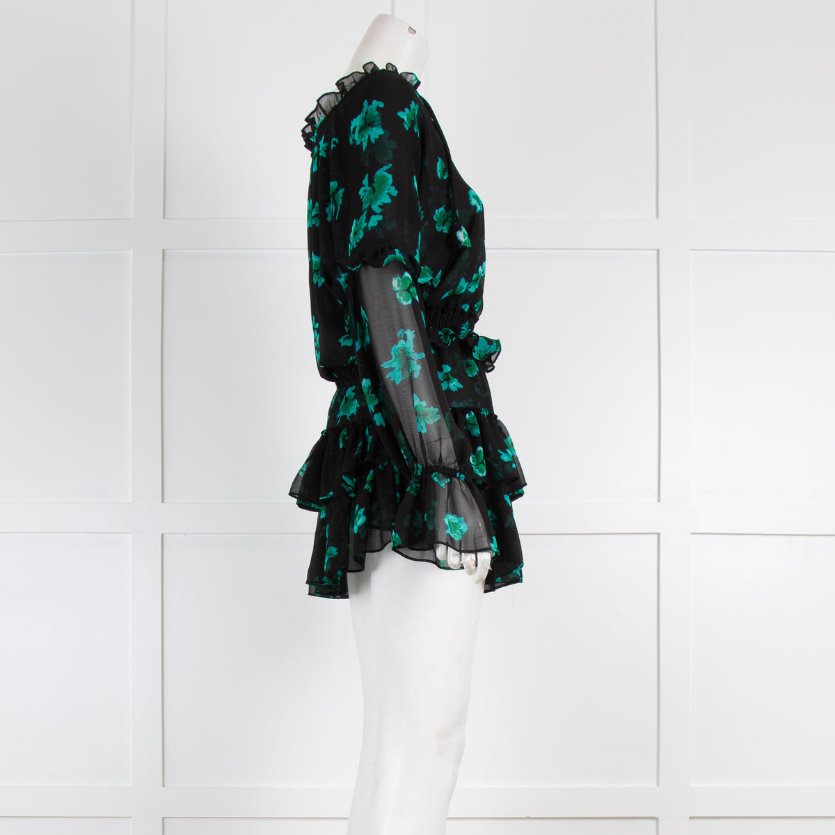 Misa Los Angeles Black and Green Floral Smock Waist Mini Dress