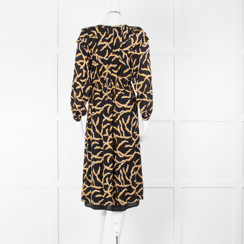 Ba&sh Black Gold Cream Branch Print Sleeved Midi Dress