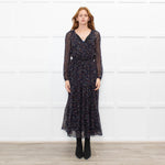 Ridley Navy White Red Floral Elasticated Waist Tiered Silk Dress