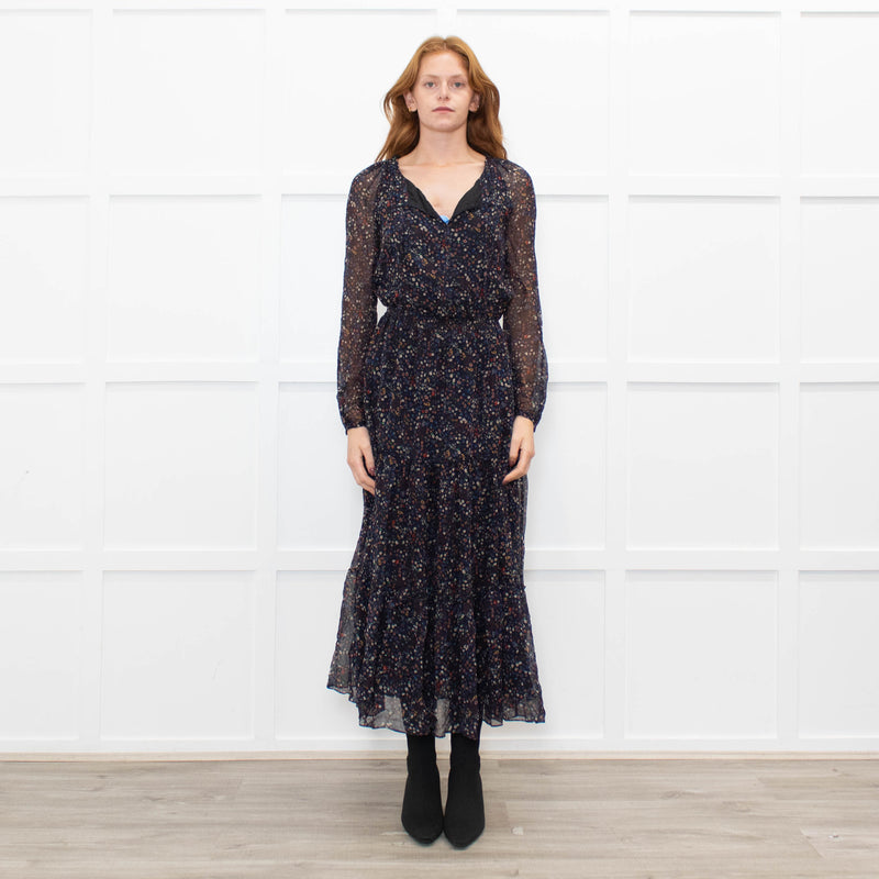 Ridley Navy White Red Floral Elasticated Waist Tiered Silk Dress