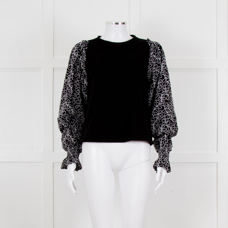Me + Em Black White Embroidered Sleeves Sweatshirt