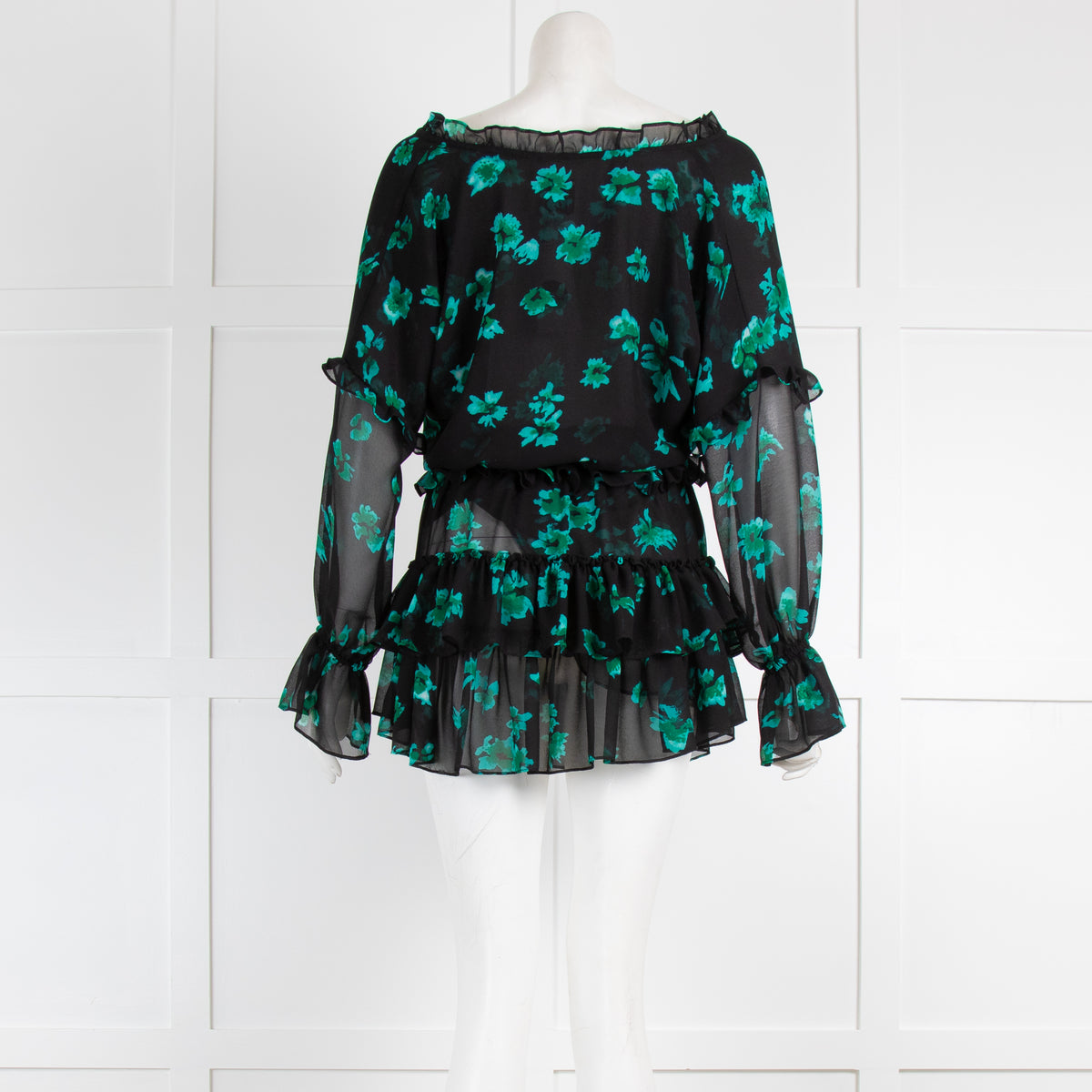Misa Los Angeles Black and Green Floral Smock Waist Mini Dress