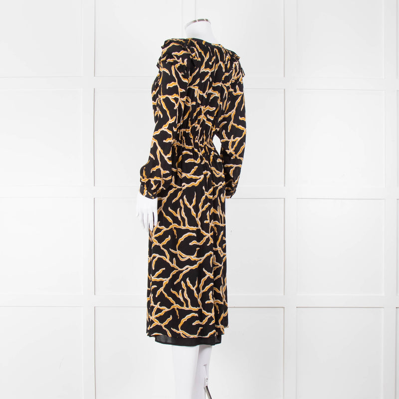 Ba&sh Black Gold Cream Branch Print Sleeved Midi Dress