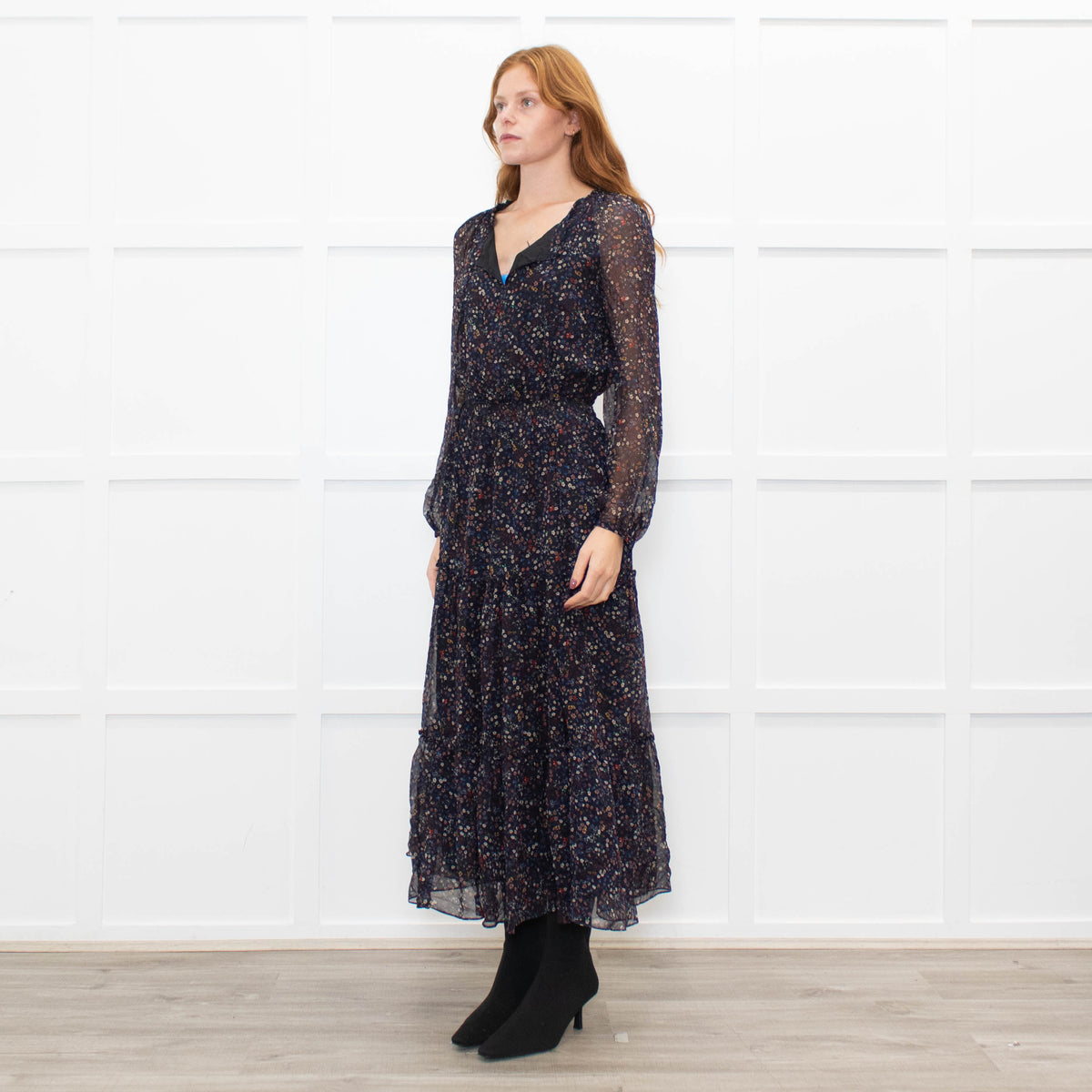 Ridley Navy White Red Floral Elasticated Waist Tiered Silk Dress