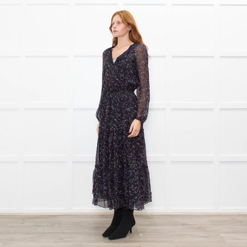 Ridley Navy White Red Floral Elasticated Waist Tiered Silk Dress