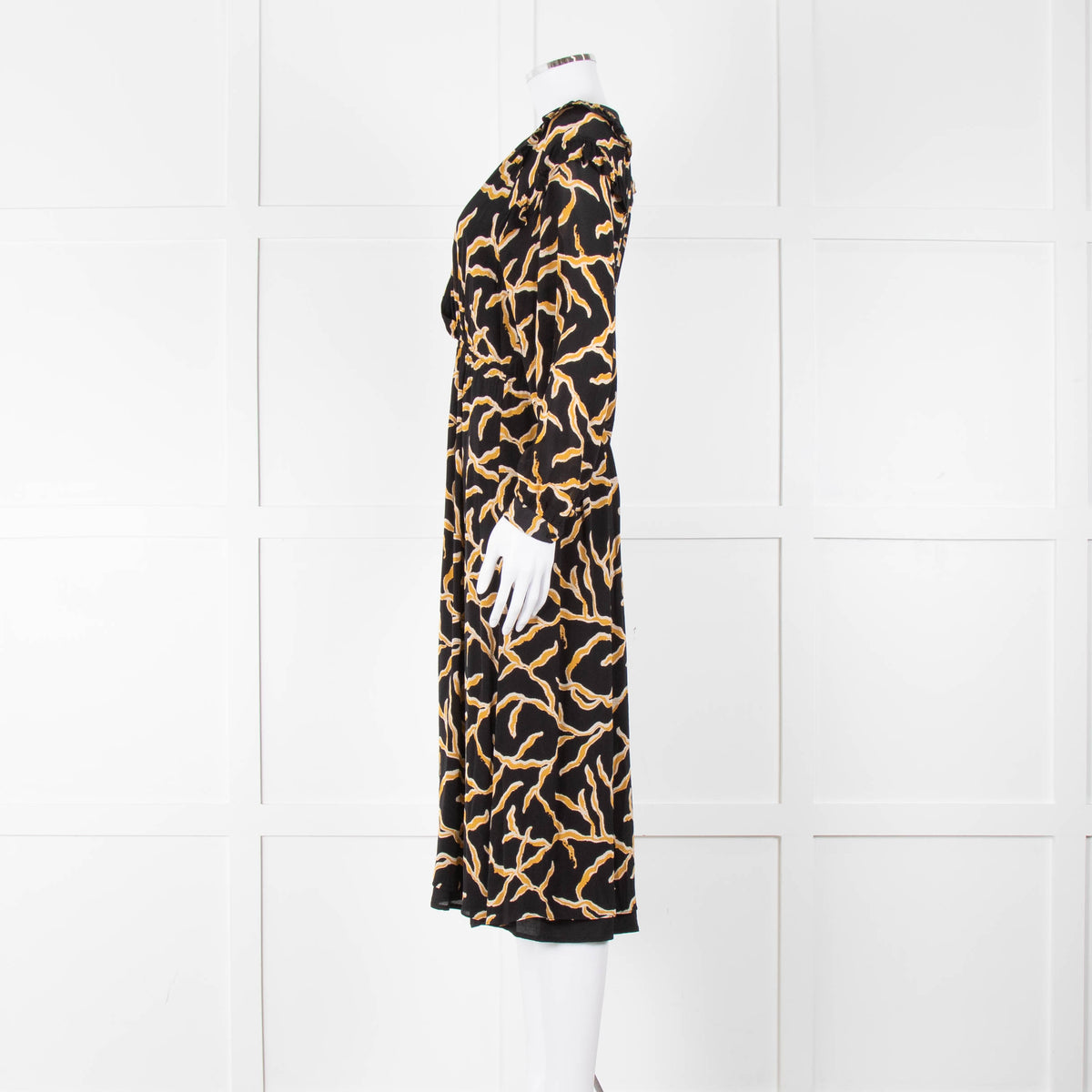 Ba&sh Black Gold Cream Branch Print Sleeved Midi Dress