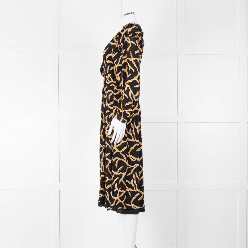 Ba&sh Black Gold Cream Branch Print Sleeved Midi Dress