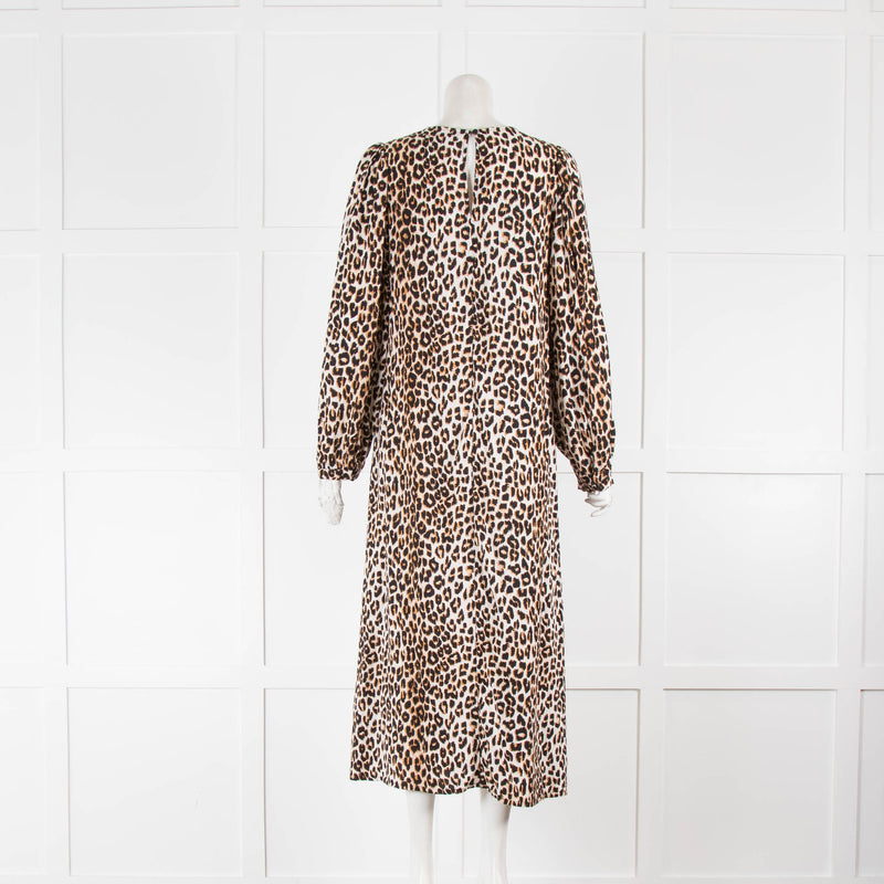 Lollys Laundry Cream Brown Black Animal Print Long Sleeve Front Pocket Dress