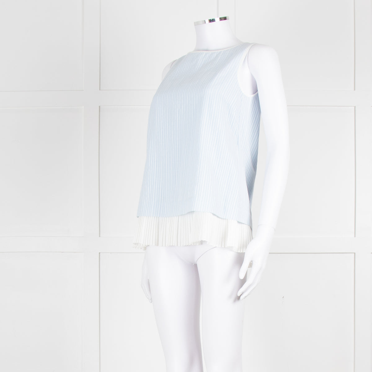 Max Mara Pale Blue White Sleeveless Pleated Bottom Top