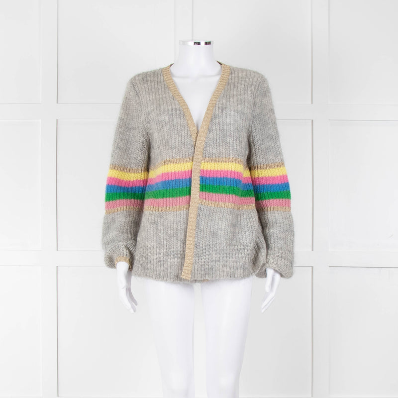 Wyse Grey Rainbow Stripe Mohair Wool Blend Gold Trim Cardigan