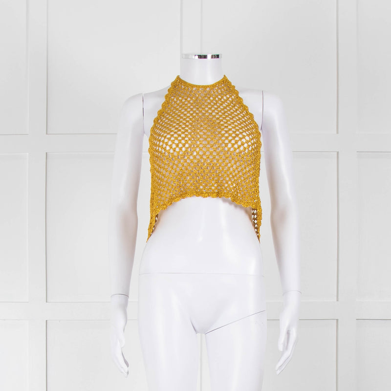 Ganni Gold Crochet Halter Neck Top
