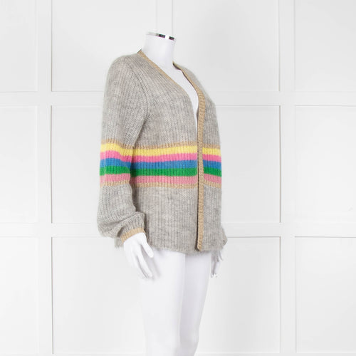 Wyse Grey Rainbow Stripe Mohair Wool Blend Gold Trim Cardigan