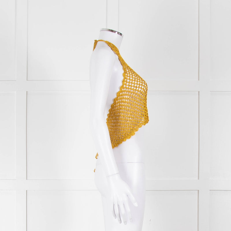 Ganni Gold Crochet Halter Neck Top