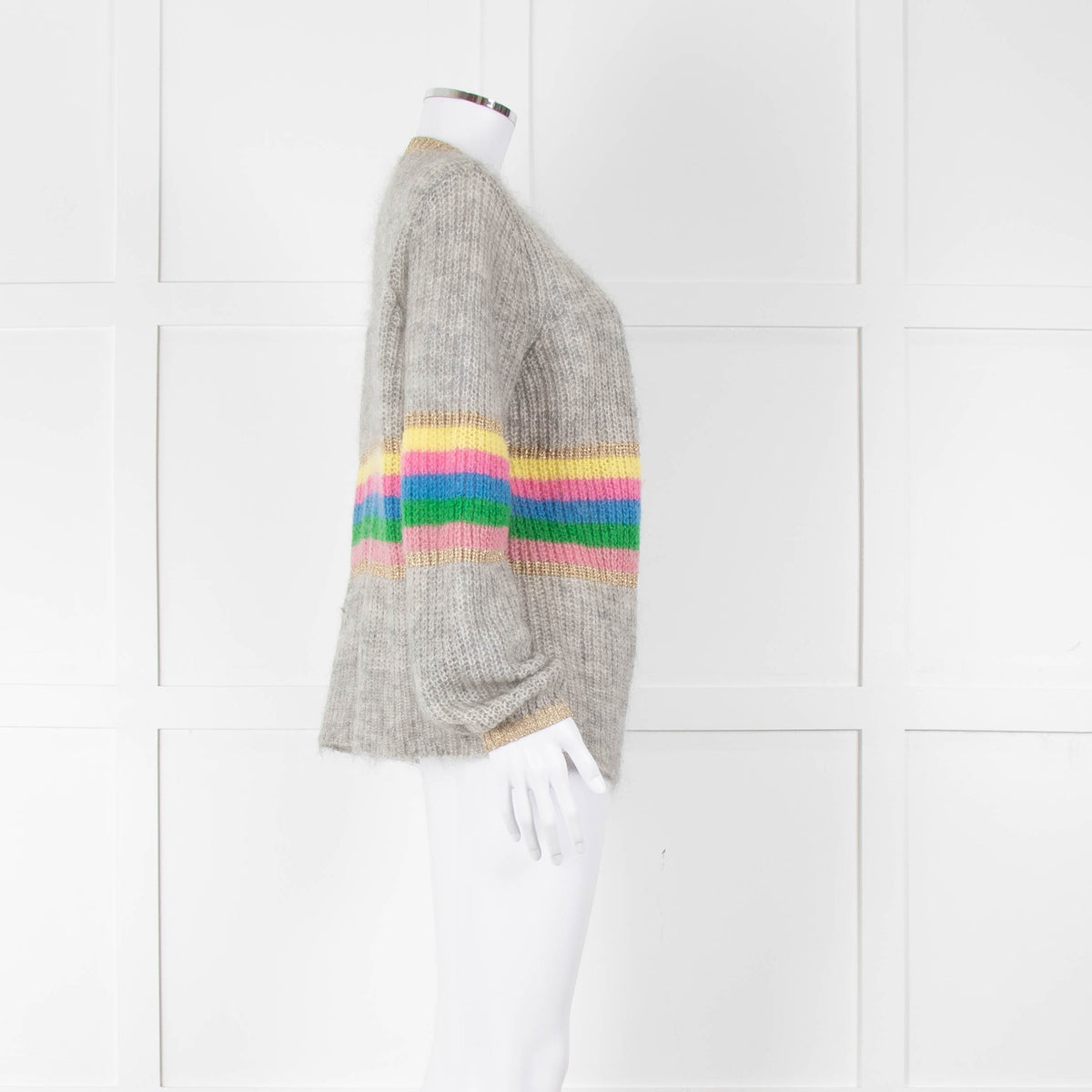Wyse Grey Rainbow Stripe Mohair Wool Blend Gold Trim Cardigan