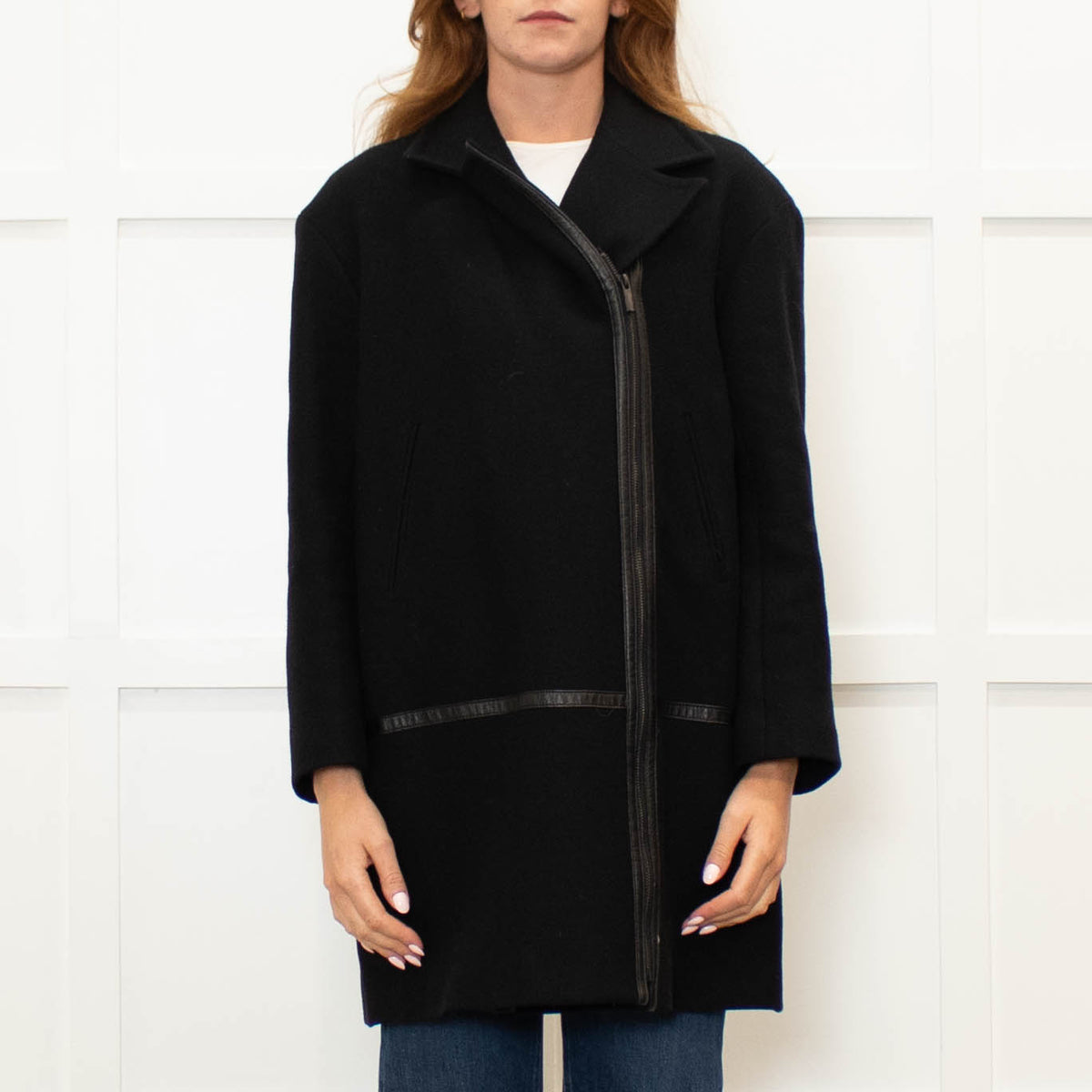 Gerard Darel Black 3/4 Lenth Wool Zip Front Coat With Faux Leather TrimWool