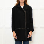 Gerard Darel Black 3/4 Lenth Wool Zip Front Coat With Faux Leather TrimWool