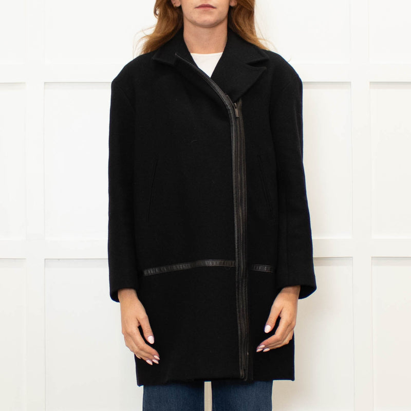Gerard Darel Black 3/4 Lenth Wool Zip Front Coat With Faux Leather TrimWool