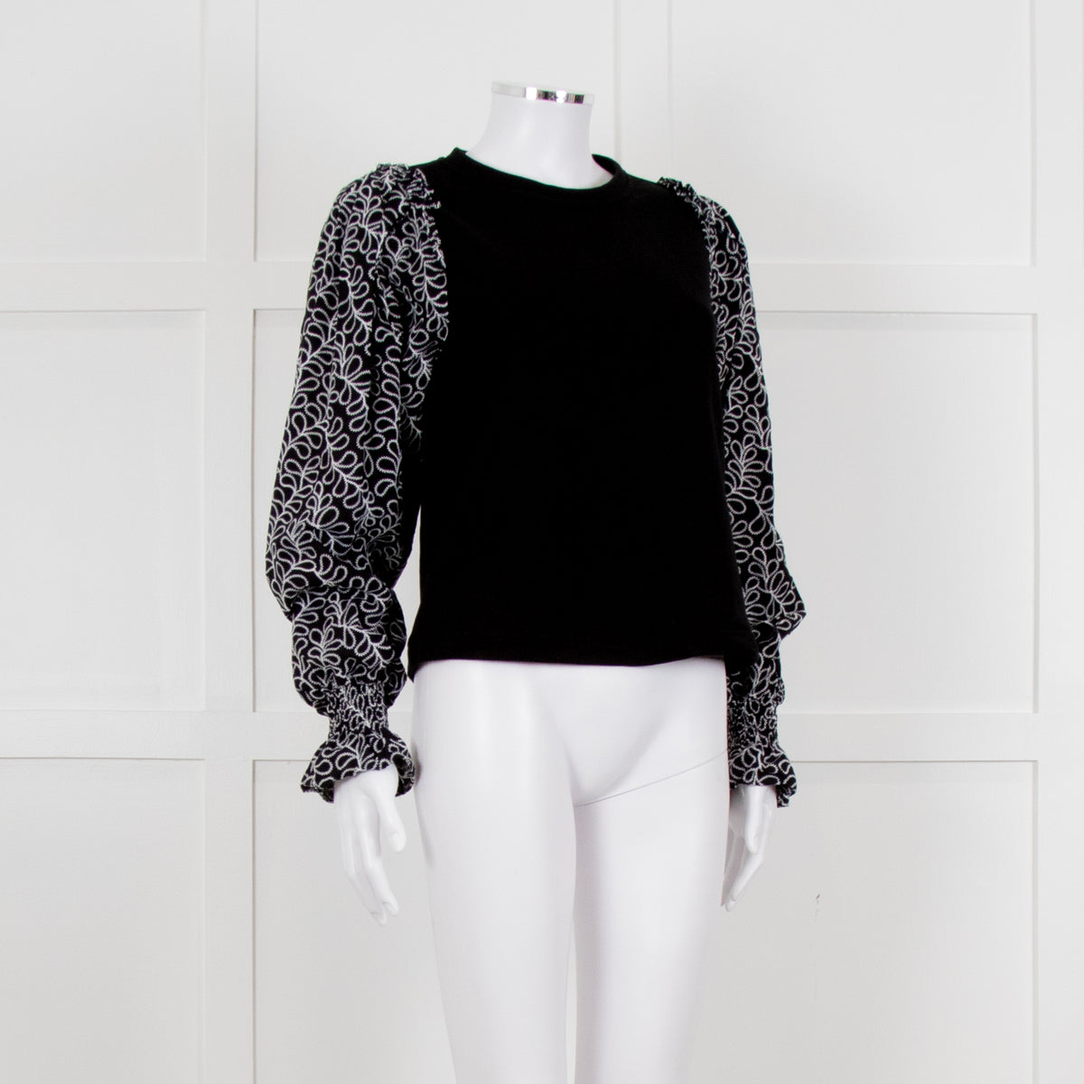 Me + Em Black White Embroidered Sleeves Sweatshirt