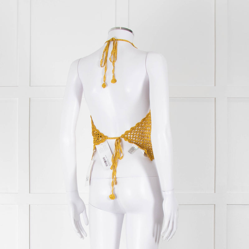 Ganni Gold Crochet Halter Neck Top