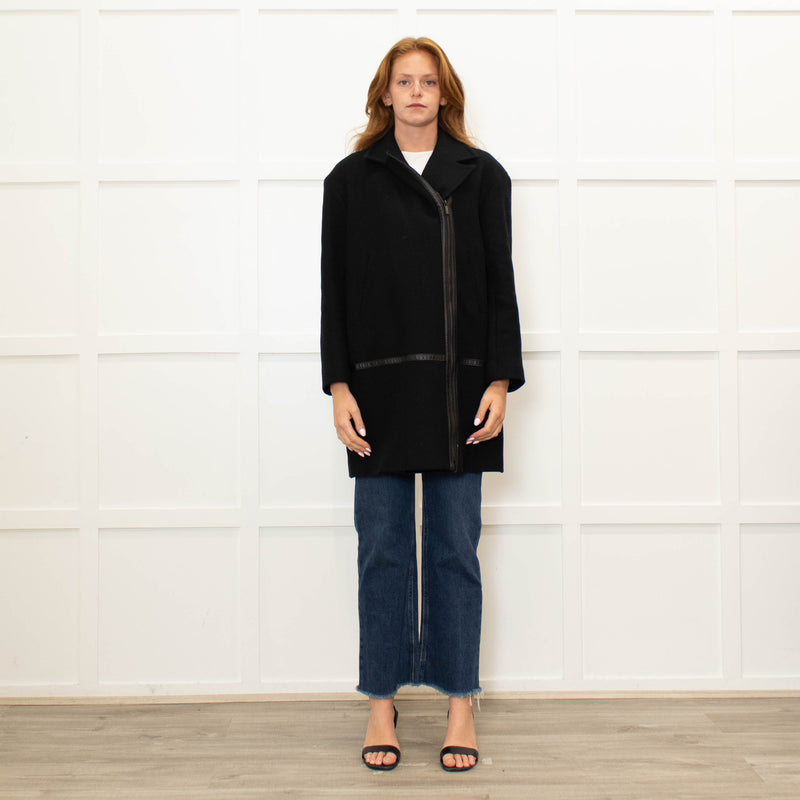 Gerard Darel Black 3/4 Lenth Wool Zip Front Coat With Faux Leather TrimWool
