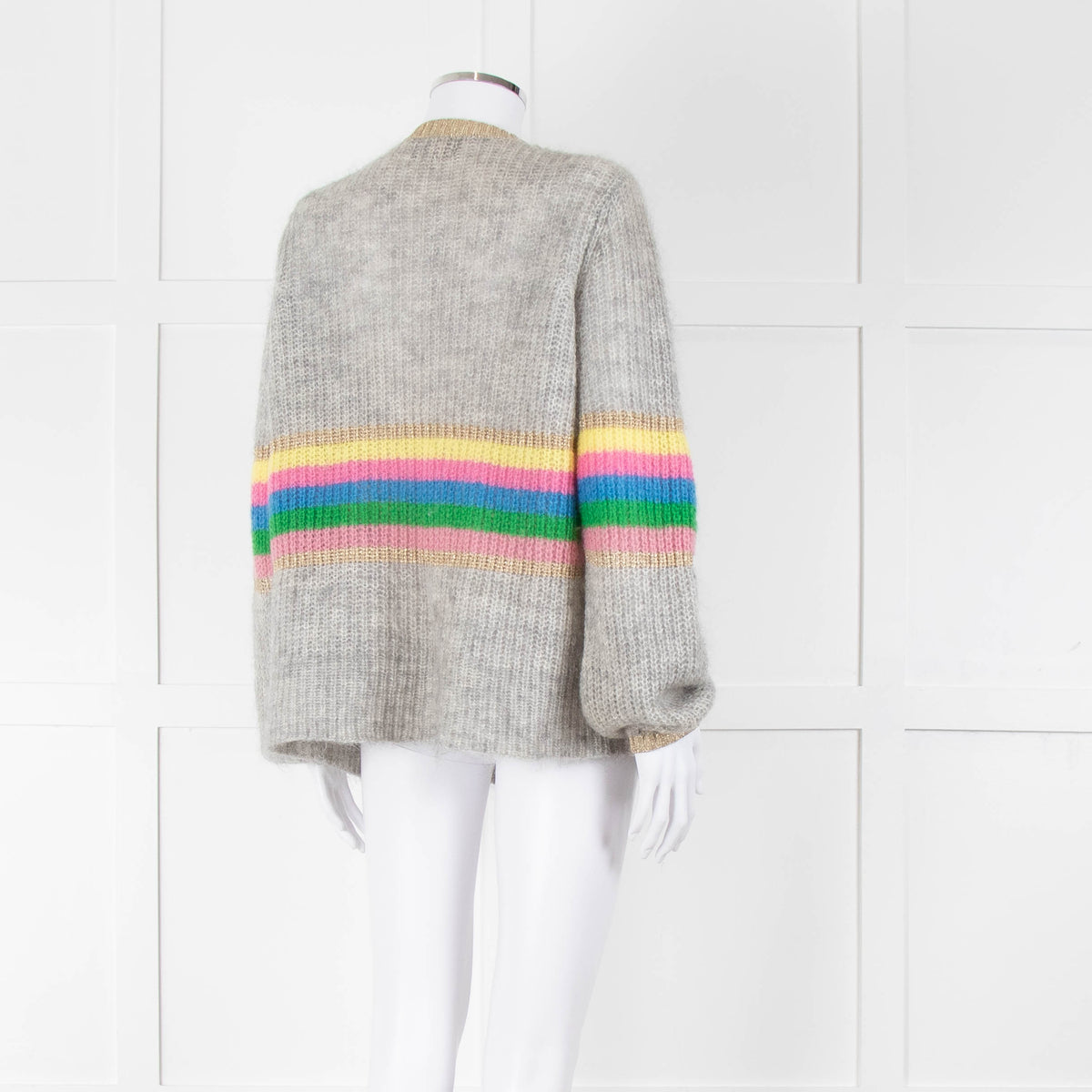 Wyse Grey Rainbow Stripe Mohair Wool Blend Gold Trim Cardigan