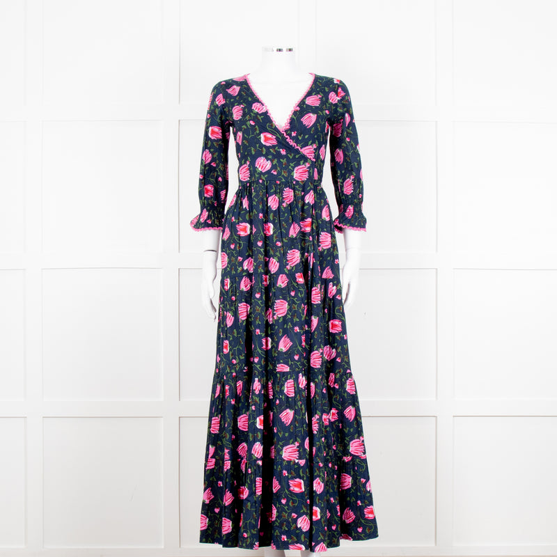 Lexy London Navy Pink Floral Cotton Wrap Maxi Dress