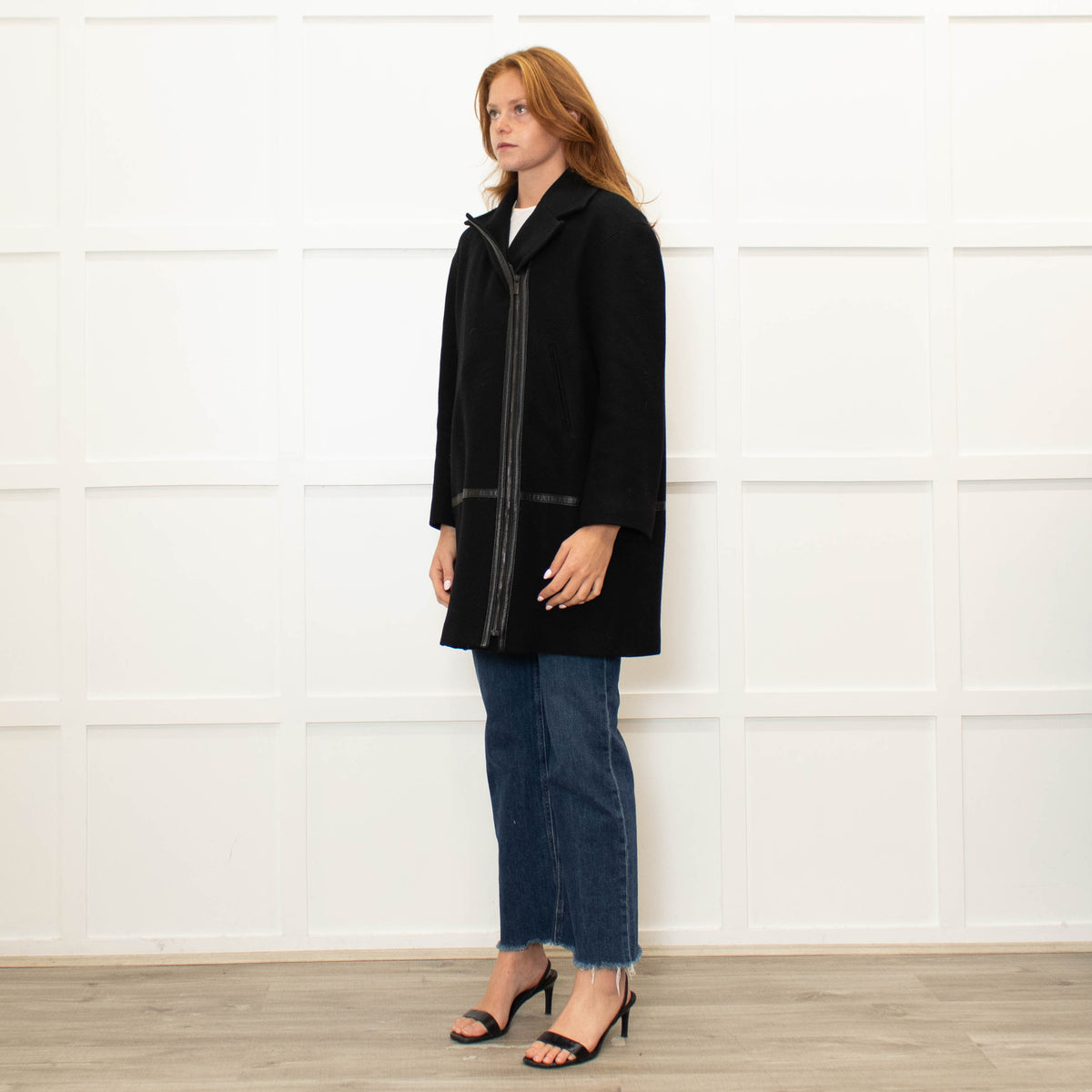 Gerard Darel Black 3/4 Lenth Wool Zip Front Coat With Faux Leather TrimWool