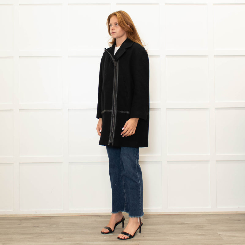 Gerard Darel Black 3/4 Lenth Wool Zip Front Coat With Faux Leather TrimWool