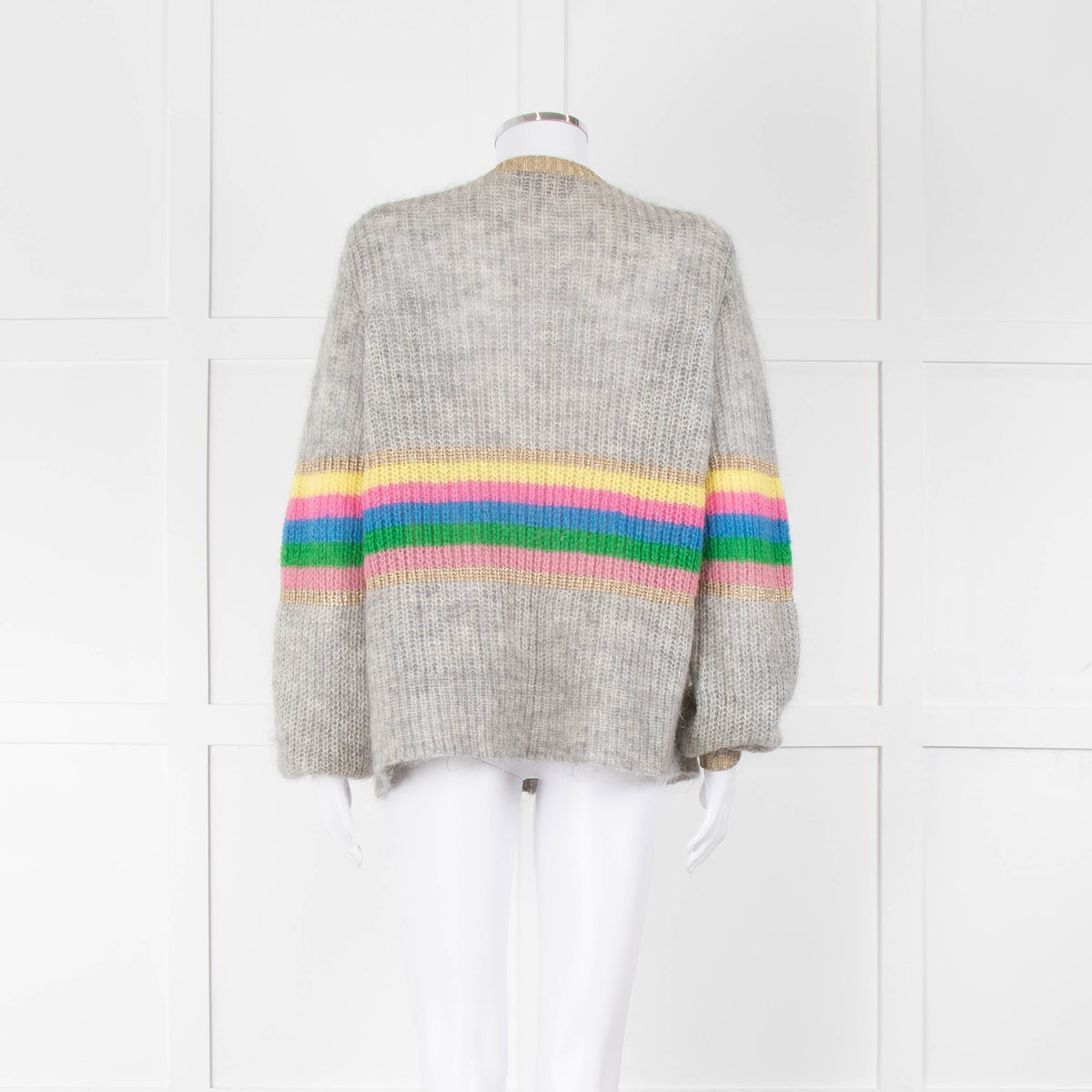 Wyse Grey Rainbow Stripe Mohair Wool Blend Gold Trim Cardigan