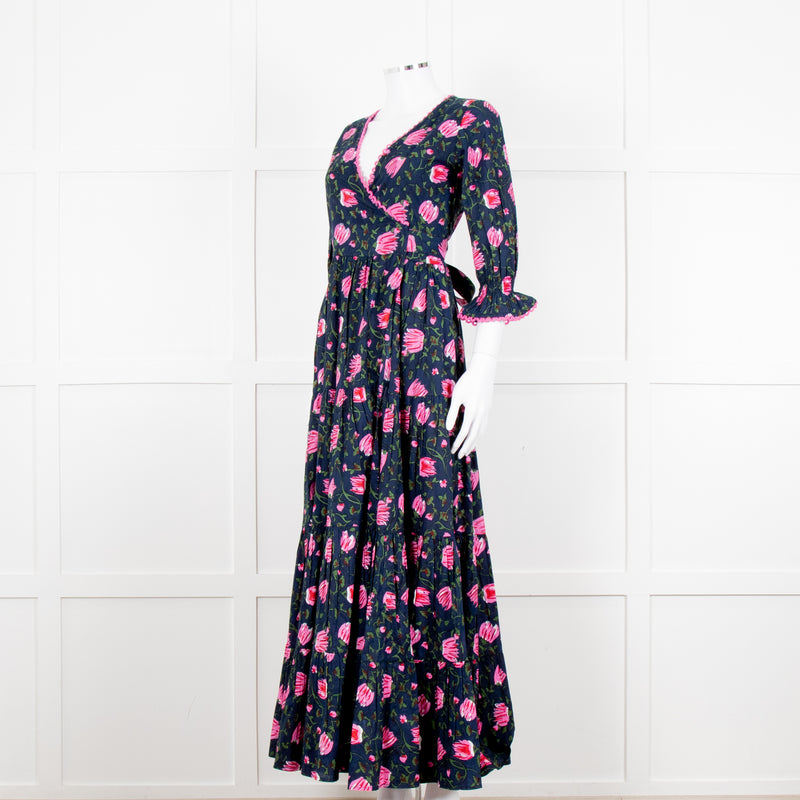 Lexy London Navy Pink Floral Cotton Wrap Maxi Dress