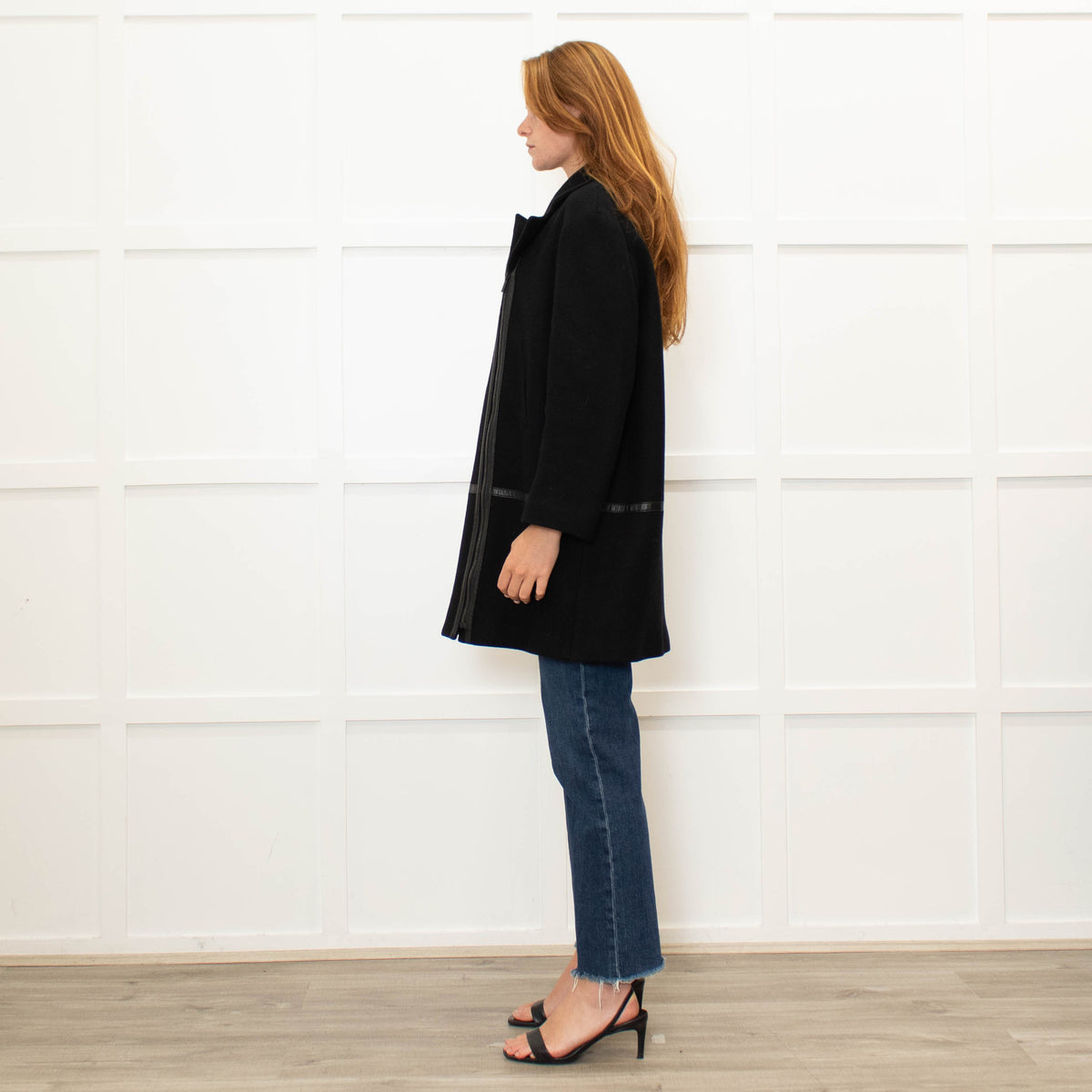 Gerard Darel Black 3/4 Lenth Wool Zip Front Coat With Faux Leather TrimWool