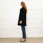 Gerard Darel Black 3/4 Lenth Wool Zip Front Coat With Faux Leather TrimWool