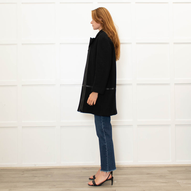 Gerard Darel Black 3/4 Lenth Wool Zip Front Coat With Faux Leather TrimWool