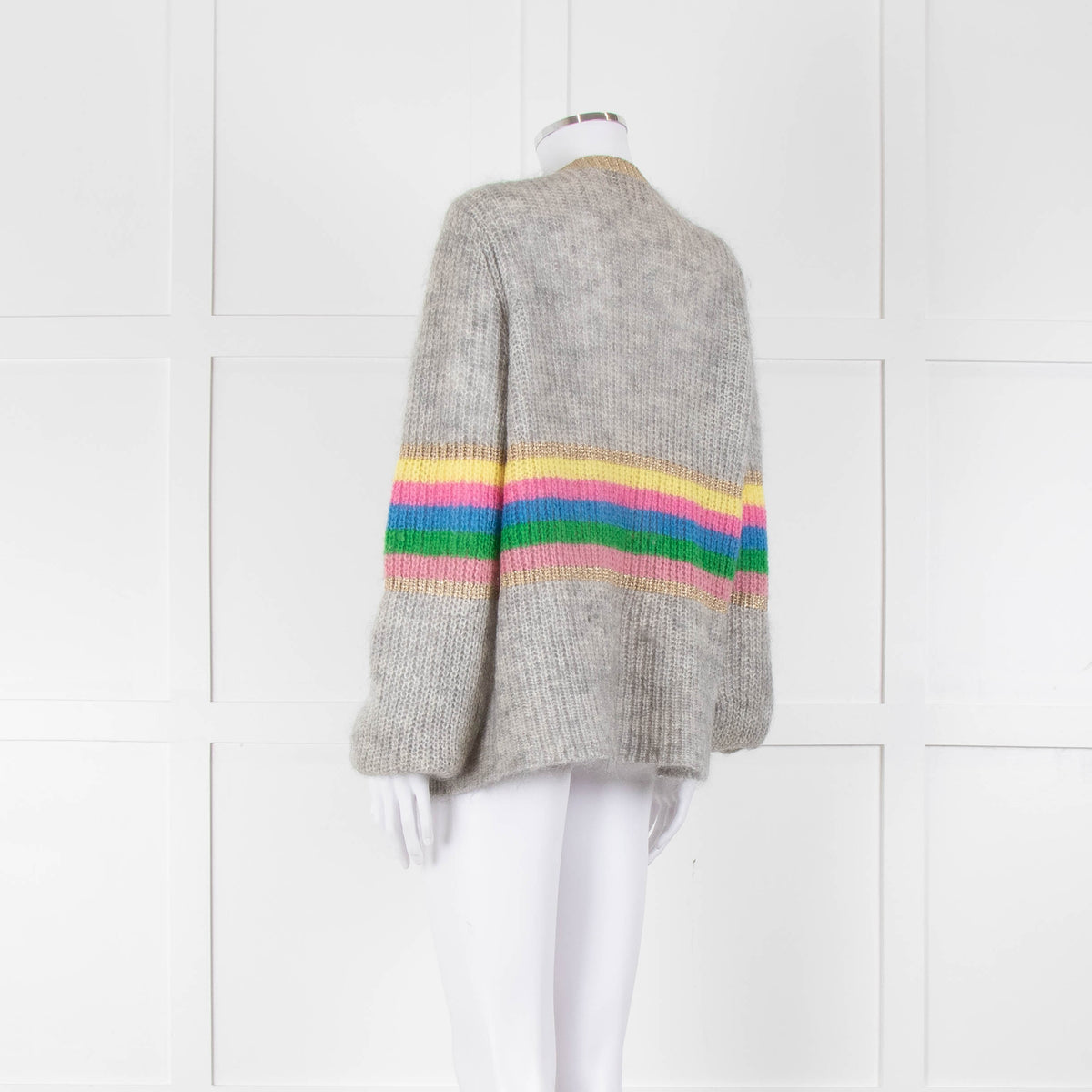 Wyse Grey Rainbow Stripe Mohair Wool Blend Gold Trim Cardigan