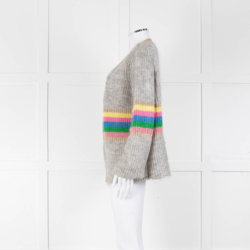 Wyse Grey Rainbow Stripe Mohair Wool Blend Gold Trim Cardigan