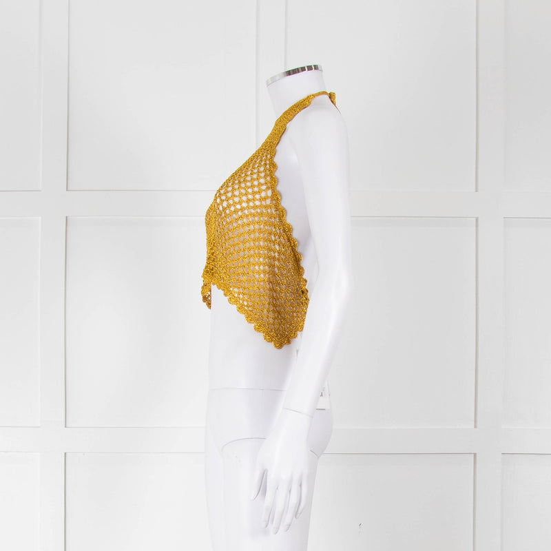 Ganni Gold Crochet Halter Neck Top