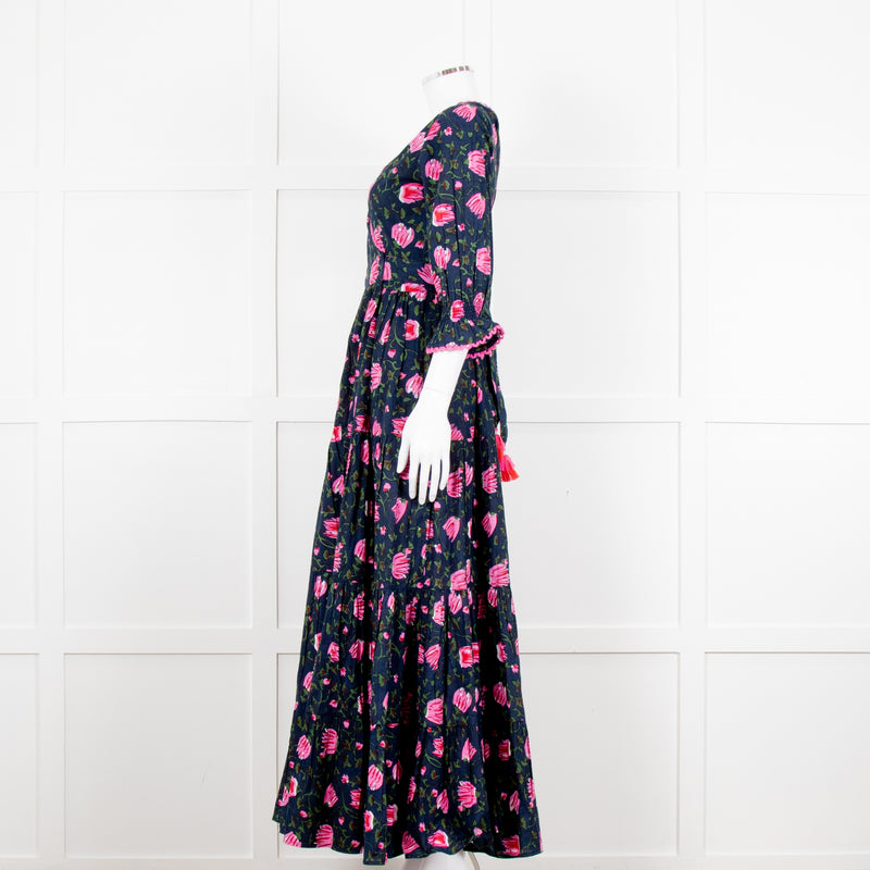 Lexy London Navy Pink Floral Cotton Wrap Maxi Dress