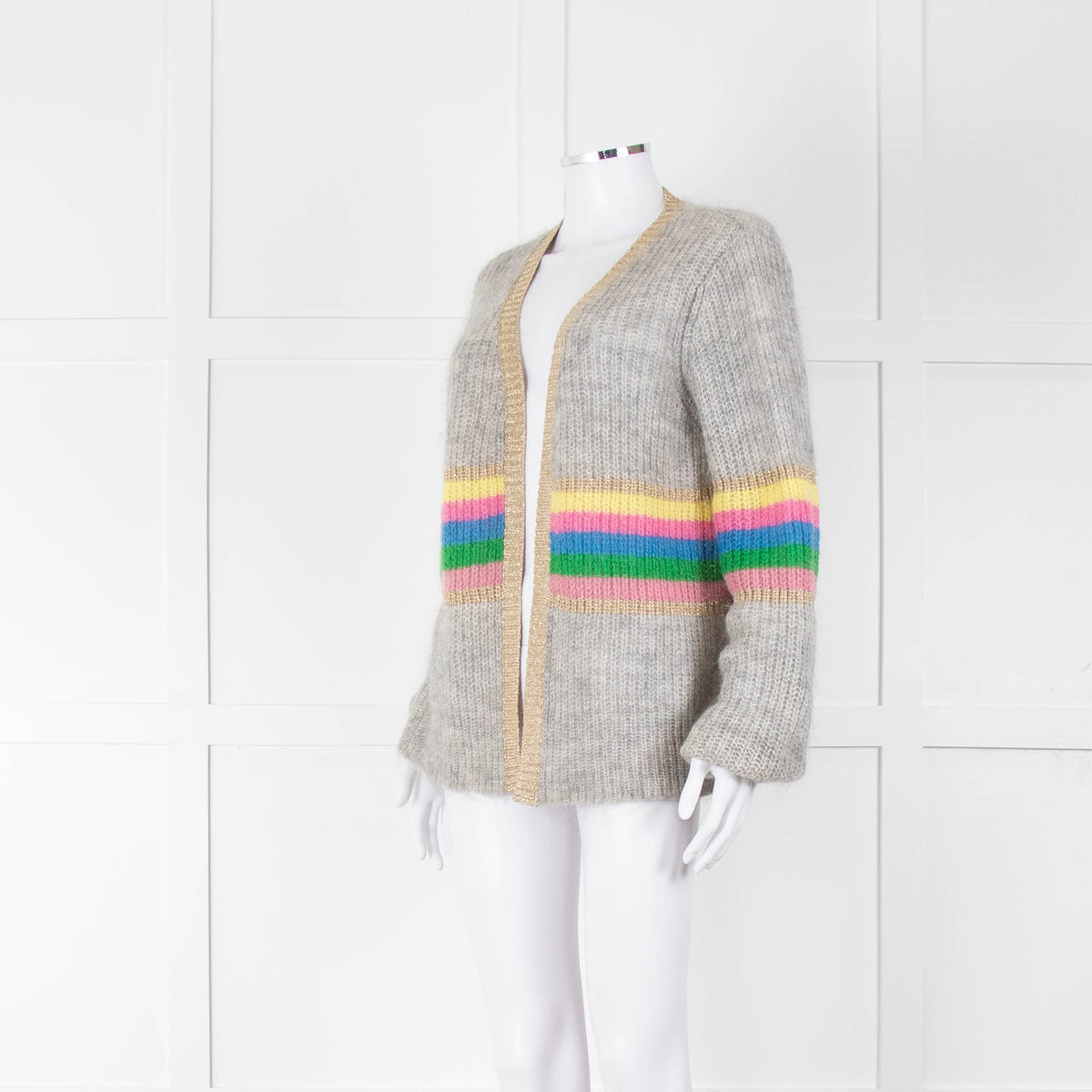 Wyse Grey Rainbow Stripe Mohair Wool Blend Gold Trim Cardigan
