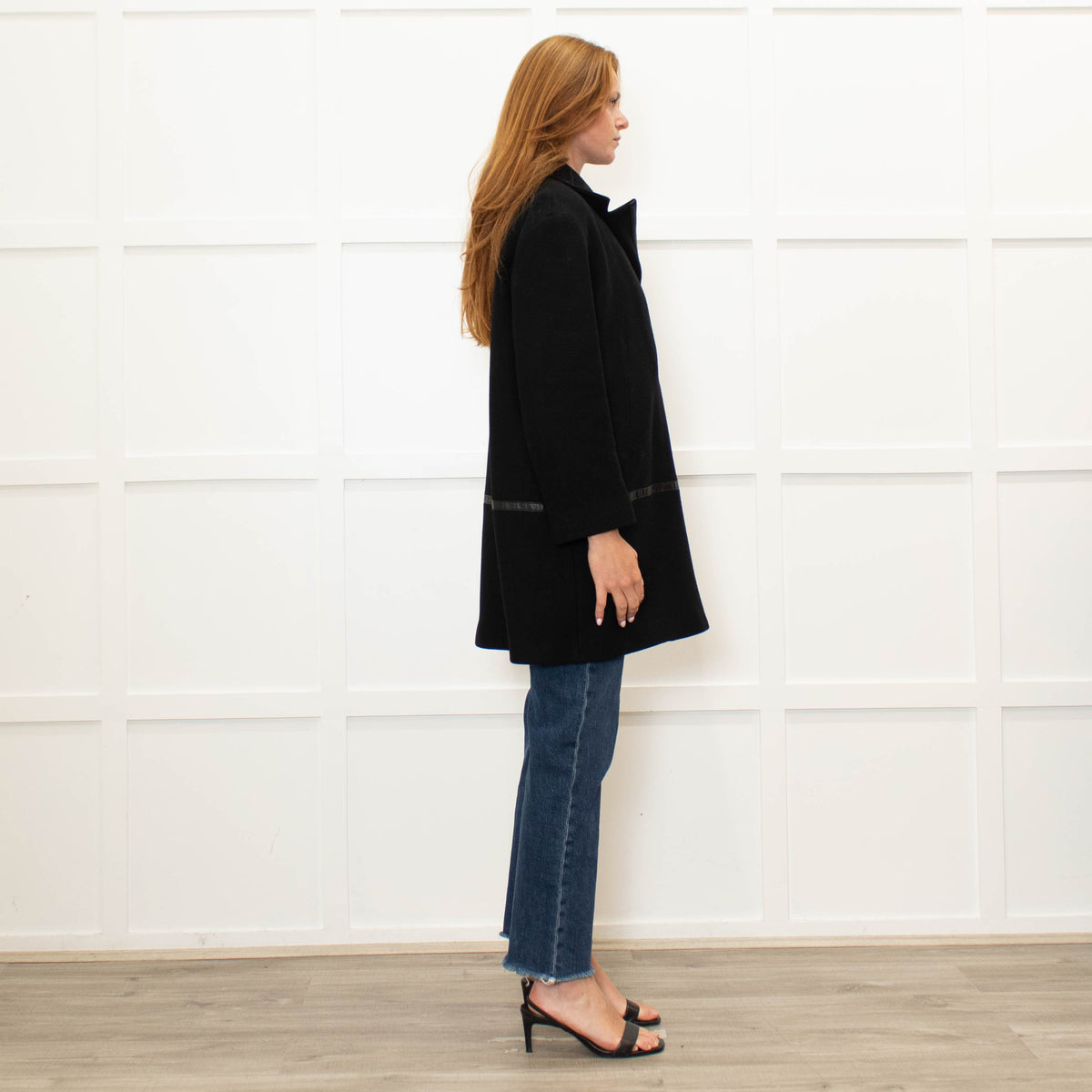 Gerard Darel Black 3/4 Lenth Wool Zip Front Coat With Faux Leather TrimWool