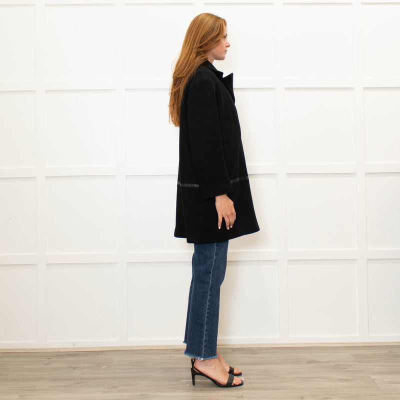 Gerard Darel Black 3/4 Lenth Wool Zip Front Coat With Faux Leather TrimWool