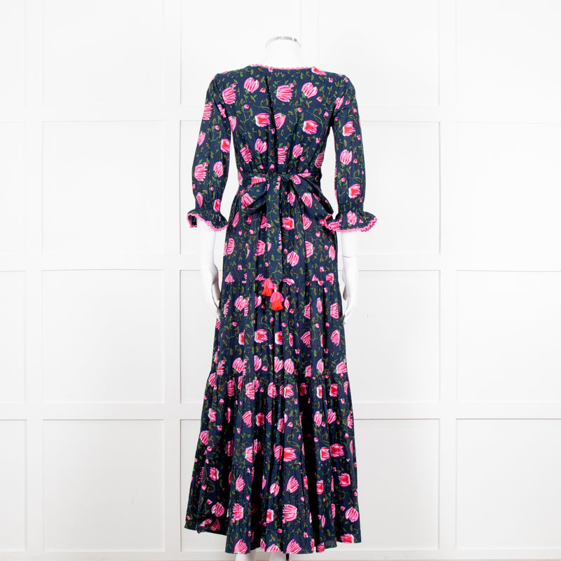 Lexy London Navy Pink Floral Cotton Wrap Maxi Dress