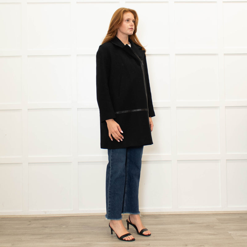 Gerard Darel Black 3/4 Lenth Wool Zip Front Coat With Faux Leather TrimWool