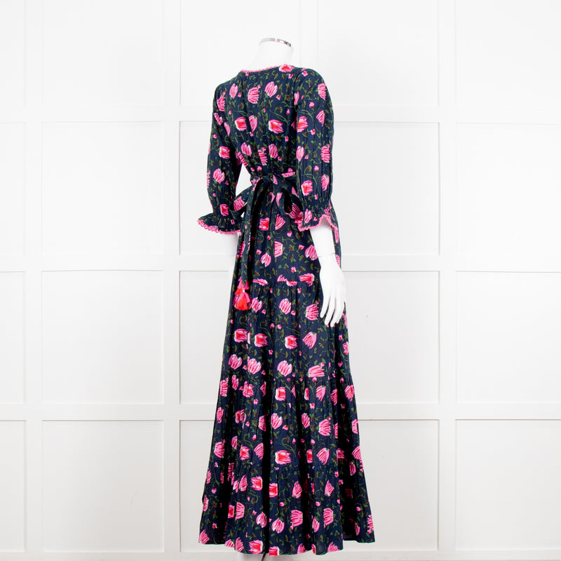 Lexy London Navy Pink Floral Cotton Wrap Maxi Dress