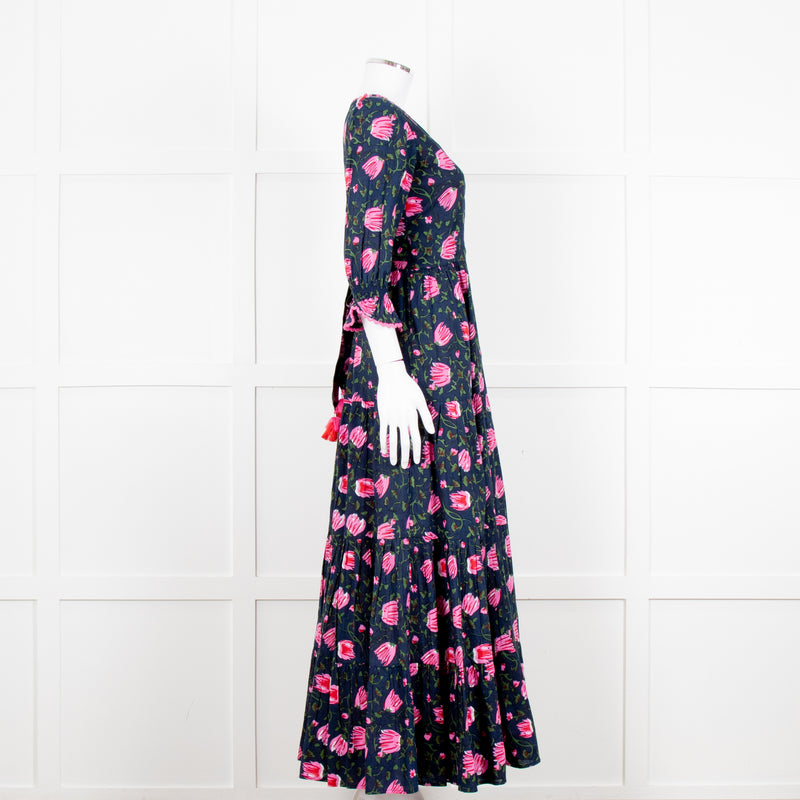 Lexy London Navy Pink Floral Cotton Wrap Maxi Dress