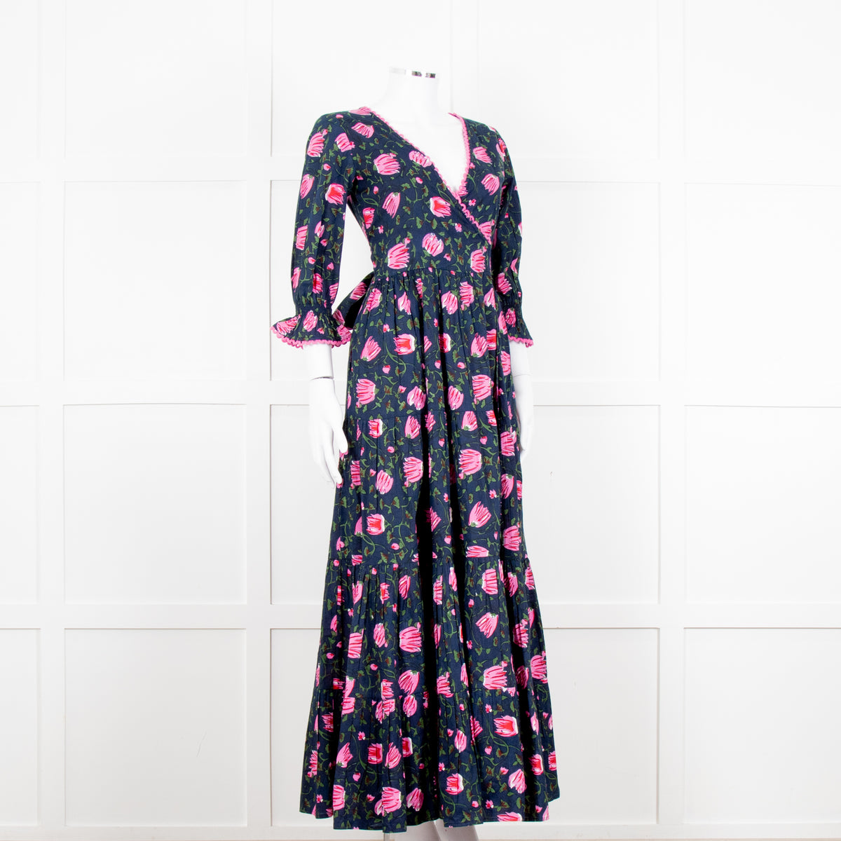 Lexy London Navy Pink Floral Cotton Wrap Maxi Dress