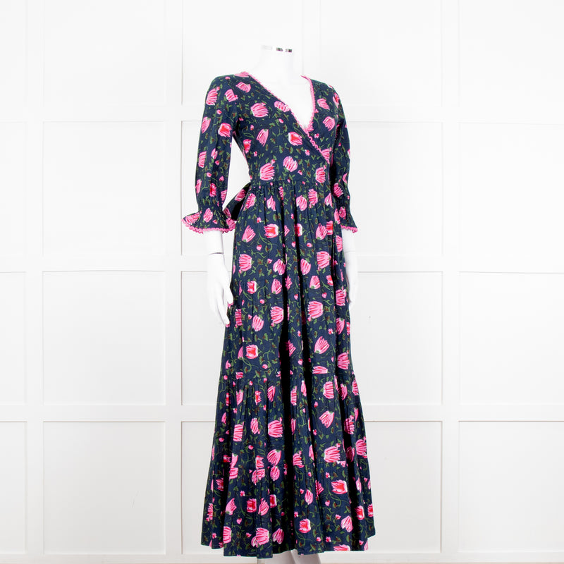 Lexy London Navy Pink Floral Cotton Wrap Maxi Dress