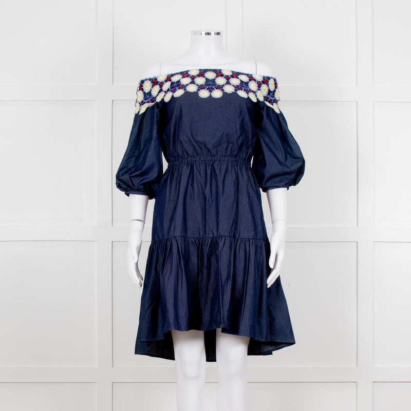 Peter Pilotto Navy White Yellow Lace Neck Trim Cotton Mini Dress